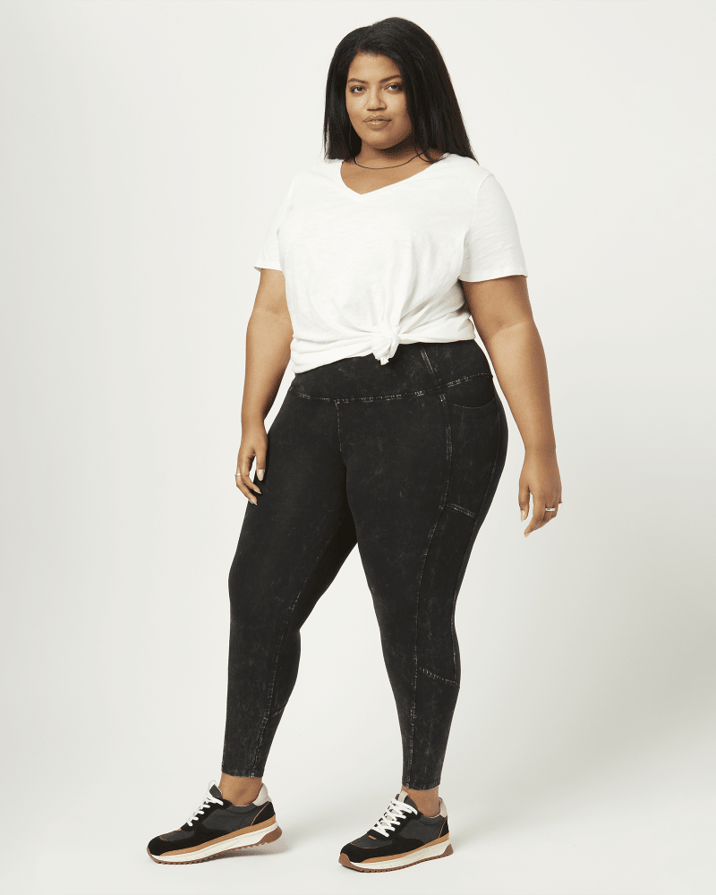 Front of a model wearing a size 1X Ashley High Rise Mineral Wash Legging in Black by Marc New York. | dia_product_style_image_id:210629